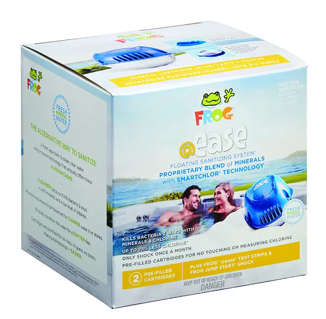 Retail packaging box for FROG @ease Floating Sanitizing System for hot tubs and spas.