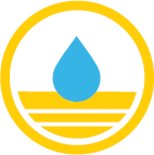 The image is a blue water droplet over a yellow base, enclosed in a yellow circle, symbolizing water care and cleanliness.