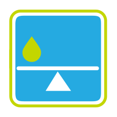 The image is a green water droplet balanced on a white horizontal line above a triangular base, set against a blue background with a green-bordered square, symbolizing balance and self-regulation in water care.