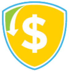 The image shows a yellow shield with a dollar sign and a curved arrow, symbolizing a money-back guarantee or refund policy.