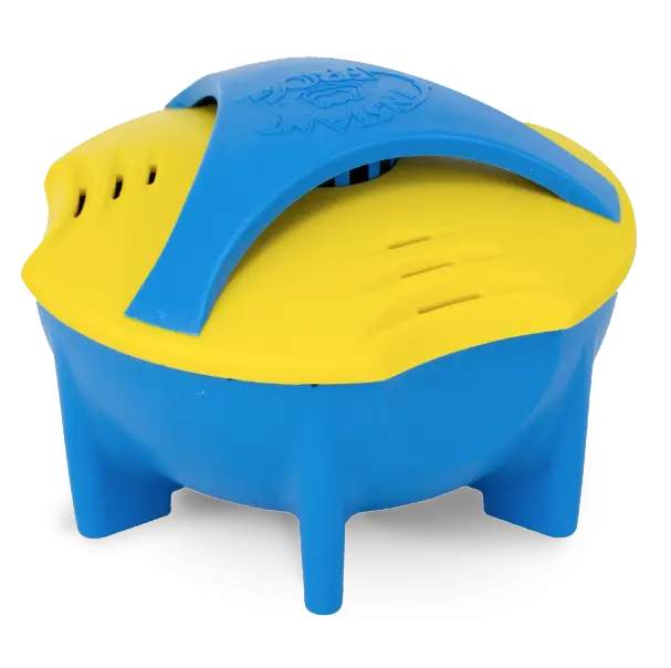 Blue and yellow FROG sanitizer floating device.