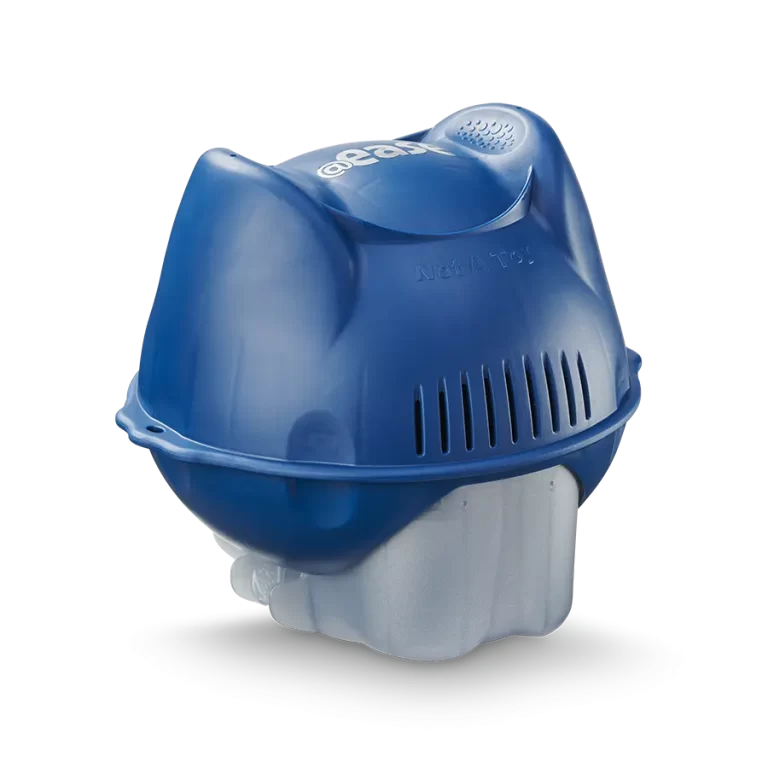 Close-up of FROG @ease Swim Spa Sanitizing System for Swim Spa with a blue top and clear mineral chamber.