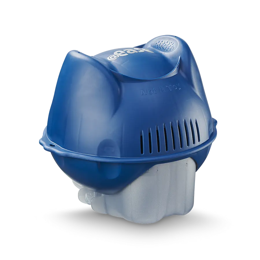 Close-up of FROG @ease Swim Spa Sanitizing System for Swim Spa with a blue top and clear mineral chamber.